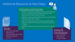 Additional Resources & Next Steps
Books
• Exam 98-366: MTA
Networking
Fundamentals (Microsoft
Official Academic
Course)
Instructor-Led Courses
• 40033A: Windows Operating System and Windows
Server Fundamentals: Training 2-Pack for MTA
Exams 98-349 and 98-365 (5 Days)
• 40349A: Windows Operating System Fundamentals:
MTA Exam 98-349 (3 Days)
• 40032A: Networking and Security Fundamentals:
Training 2-Pack for MTA Exams 98-366 and 98-367
(5 Days)
• 40366A: Networking Fundamentals: MTA Exam 98-
366
Exams &
Certifications
• Exam 98-366:
Networking
Fundamentals
 