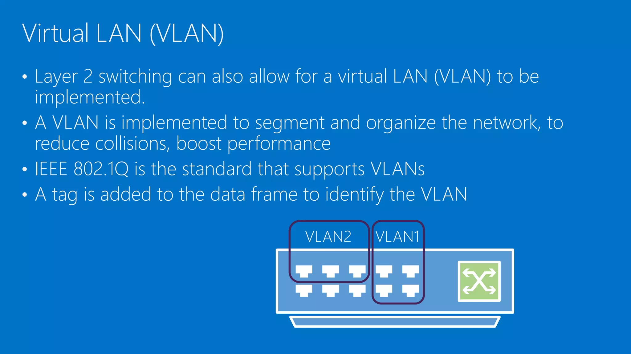 • Layer 2 switching can also allow for a virtual LAN (VLAN) to be
implemented.
• A VLAN is implemented to segment and organize the network, to
reduce collisions, boost performance
• IEEE 802.1Q is the standard that supports VLANs
• A tag is added to the data frame to identify the VLAN
Virtual LAN (VLAN)
 