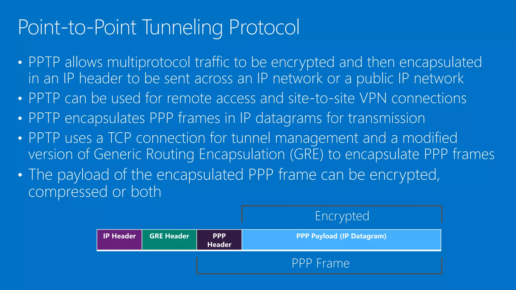 • PPTP allows multiprotocol traffic to be encrypted and then encapsulated
in an IP header to be sent across an IP network or a public IP network
• PPTP can be used for remote access and site-to-site VPN connections
• PPTP encapsulates PPP frames in IP datagrams for transmission
• PPTP uses a TCP connection for tunnel management and a modified
version of Generic Routing Encapsulation (GRE) to encapsulate PPP frames
• The payload of the encapsulated PPP frame can be encrypted,
compressed or both
Point-to-Point Tunneling Protocol
IP Header GRE Header PPP
Header
PPP Payload (IP Datagram)
Encrypted
PPP Frame
 