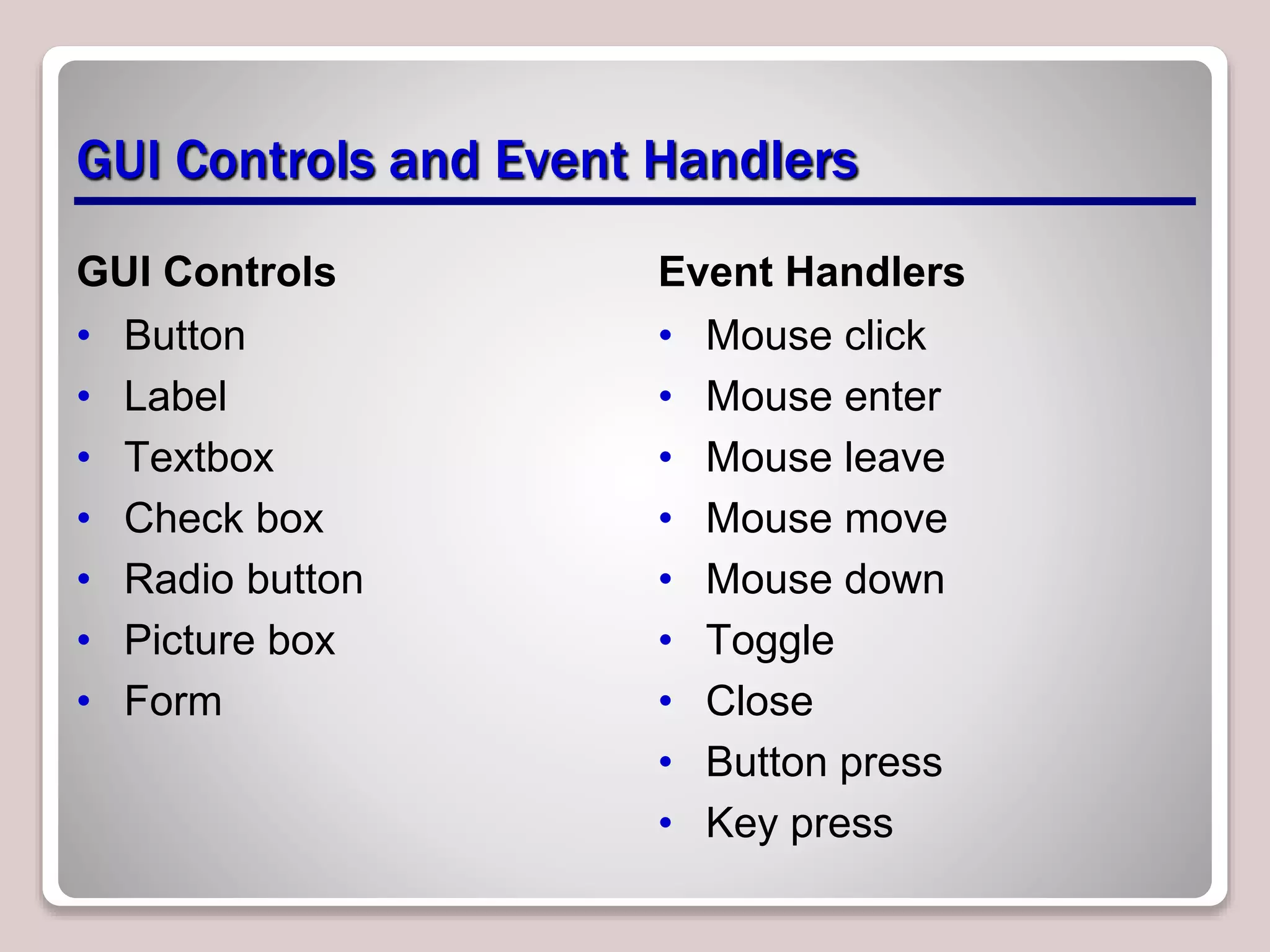 GUI Controls and Event Handlers
GUI Controls
• Button
• Label
• Textbox
• Check box
• Radio button
• Picture box
• Form
Event Handlers
• Mouse click
• Mouse enter
• Mouse leave
• Mouse move
• Mouse down
• Toggle
• Close
• Button press
• Key press
 