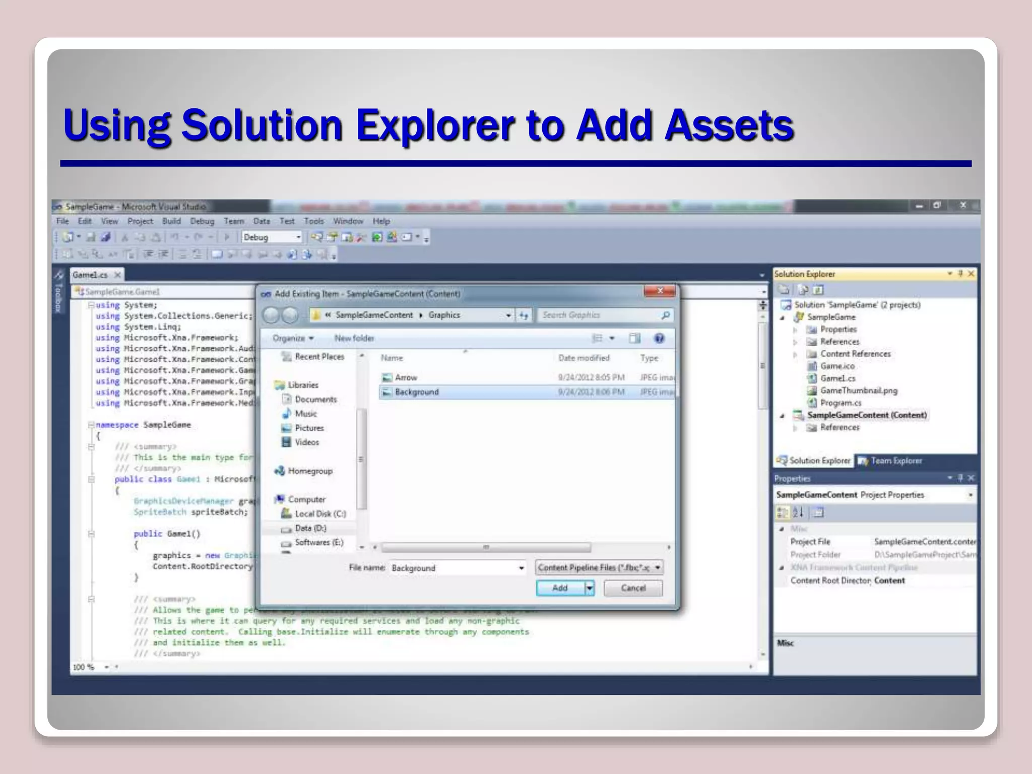 Using Solution Explorer to Add Assets
 