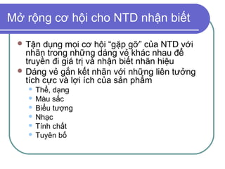 Mở rộng cơ hội cho NTD nhận biết

  Tận  dụng mọi cơ hội “gặp gỡ” của NTD với
   nhãn trong những dáng vẻ khác nhau để
   truyền đi giá trị và nhận biết nhãn hiệu
  Dáng vẻ gắn kết nhãn với những liên tưởng
   tích cực và lợi ích của sản phẩm
    Thể, dạng
    Màu sắc
    Biểu tượng
    Nhạc
    Tính chất
    Tuyên bố
 