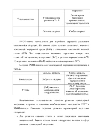 энергетике
Технологические
Успешная работа
установки Т-15
Долгое время
реализации
промышленного
термоядерного реактора
Сильные стороны Слабые стороны
SWOT-анализ используется для выработки стратегий улучшения
сложившейся ситуации. На данном этапе полезно сопоставить элементы
показателей внутренней среды (S/W) с элементами показателей внешней
среды (O/T). Это сопоставление позволяет определить четыре типа
стратегий: наступательную стратегию (S-O), стратегию переориентации (W-
O), стратегию выживания (W-T) и оборонительную стратегию (S-T).
Матрица SWOT-анализа для термоядерной энергетики представлена в
табл. 2.
Сильные стороны Слабые стороны
Возможности (S-O) стать лидером
(W-O) Стимулировать
фундаментальные
исследования и
подготовку кадров
Угрозы
(S-T) оживлять
международное
сотрудничество
(W-T) Ускорить
лицензирование
технологий и принятие
идеи общественностью
Национальные технологические стратегии развития термоядерной
энергетики получены в результате комбинирования методологии PEST и
SWOT-анализа. Основные стратегии развития термоядерной энергетики
следующие:
• Для развития сильных сторон с целью реализации имеющихся
возможностей, Россия должна занять лидирующие позиции в сфере
развития термоядерной энергетики.
 