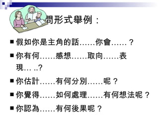 提問形式舉例： 假如你是主角的話……你會…… ? 你有何……感想……取向……表現… ..? 你估計……有何分別……呢 ? 你覺得……如何處理……有何想法呢 ? 你認為……有何後果呢 ? 