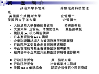 資  歷  簡  介    政治大學科管所  跨領域高科技管理班  英國國立威爾斯大學  企管碩士 美國西太平洋大學  企管博士 大陸清華大學醫藥經營管理  特聘副教授 大葉大學  企管系、休閒管理系  兼任副教授 職訓局 3C 核心職能講師 日本產經協會 MTP 講師 企業訓練聯絡網人力資源發展服務團顧問 行政院勞工委員會創業諮詢輔導顧問 中山管理教育基金會擔任諮詢輔導顧問 經濟部中小企業處升級轉型諮詢輔導健診顧問 行政院勞委會  員工協助方案 行政院勞委會  社會專業社工訓練 美國 NGH 催眠協會  認証合格催眠心理諮商師 