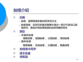  定義
- 抽樣：選擇調查對象的程序與方法
- 抽樣調查：從研究對象的整體中選出一部分代表加以調
查研究，藉由所得結果推論和說明母體的特性
 類型
- 非機率抽樣
隨意抽樣 、配額抽樣 、立意抽樣 、雪球抽樣
- 機率抽樣
簡單隨機 、系統抽樣 、分層抽樣 、集叢抽樣
 抽樣基本程序
 樣本容量
 做推論
抽樣介紹
11
 
