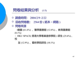  調查時間： 2004/2/9~2/22
 回收問卷數： 2564 份 ( 紙本 + 網路 )
 問卷來源
-總圖 (61.6%) 、醫學圖書館 (12.8%) 、教育圖書館
(8.1%)
- HKU SPACE( 香港大學專業進修學院 ) 師生 (25.6%) 、
校
友 (12.9%) 、藝術學院師生 (10.1%)
問卷結果與分析 (1/5)
47
 