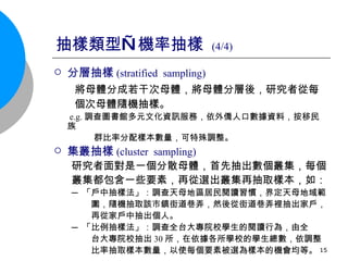 抽樣類型—機率抽樣   (4/4) 分層抽樣 ( stratified  sampling) 將母體分成若干次母體，將母體分層後，研究者從每 個次母體隨機抽樣。  e.g. 調查圖書館多元文化資訊服務，依外僑人口數據資料，按移民族 群比率分配樣本數量，可特殊調整。 集叢抽樣 (cluster  sampling) 研究者面對是一個分散母體，首先抽出數個叢集，每個 叢集都包含一些要素，再從選出叢集再抽取樣本，如： ─ 「戶中抽樣法」：調查天母地區居民閱讀習慣，界定天母地域範 圍，隨機抽取該市鎮街道巷弄，然後從街道巷弄裡抽出家戶， 再從家戶中抽出個人。 ─ 「比例抽樣法」：調查全台大專院校學生的閱讀行為，由全 台大專院校抽出 30 所，在依據各所學校的學生總數，依調整 比率抽取樣本數量，以使每個要素被選為樣本的機會均等。 