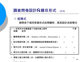 調查問卷設計—題目形式  (4/4) 矩陣式  詢問若干相同答案形式的問題時，將其設計成矩陣式  ( 一 ) 您使用本校圖書館下列資料庫之頻率   不曾  偶爾  經常 1.  醫學類資料庫（如： Medline, CINAHL , Micromedex ）  □  □  □ 2.  綜合類資料庫（如：國家圖書館遠距圖書服務系統）  □  □  □ 3.  期刊引用 / 排名資料庫 （如： Journal Citation Reports ）  □  □  □ 4.  期刊目次資料庫（如：國圖期刊目次服務系統）  □  □  □ 5.  博碩士論文資料庫（如：全國博碩士論文索引）  □  □  □ 6.  試用中資料庫  □  □  □ 