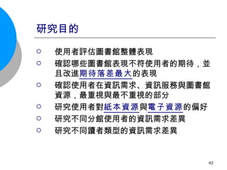 研究目的 使用者評估圖書館整體表現 確認哪些圖書館表現不符使用者的期待，並且改進 期待落差最大 的表現 確認使用者在資訊需求、資訊服務與圖書館資源，最重視與最不重視的部分 研究使用者對 紙本資源 與 電子資源 的偏好 研究不同分館使用者的資訊需求差異 研究不同讀者類型的資訊需求差異 