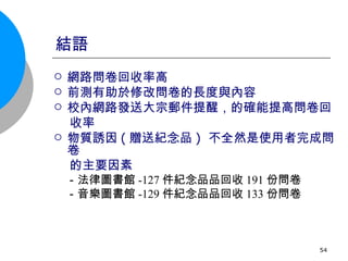 結語  網路問卷回收率高 前測有助於修改問卷的長度與內容 校內網路發送大宗郵件提醒，的確能提高問卷回 收率 物質誘因 ( 贈送紀念品 )  不全然是使用者完成問卷 的主要因素 　－法律圖書館 -127 件紀念品  回收 191 份問卷 　－音樂圖書館 -129 件紀念品  回收 133 份問卷 　 　 