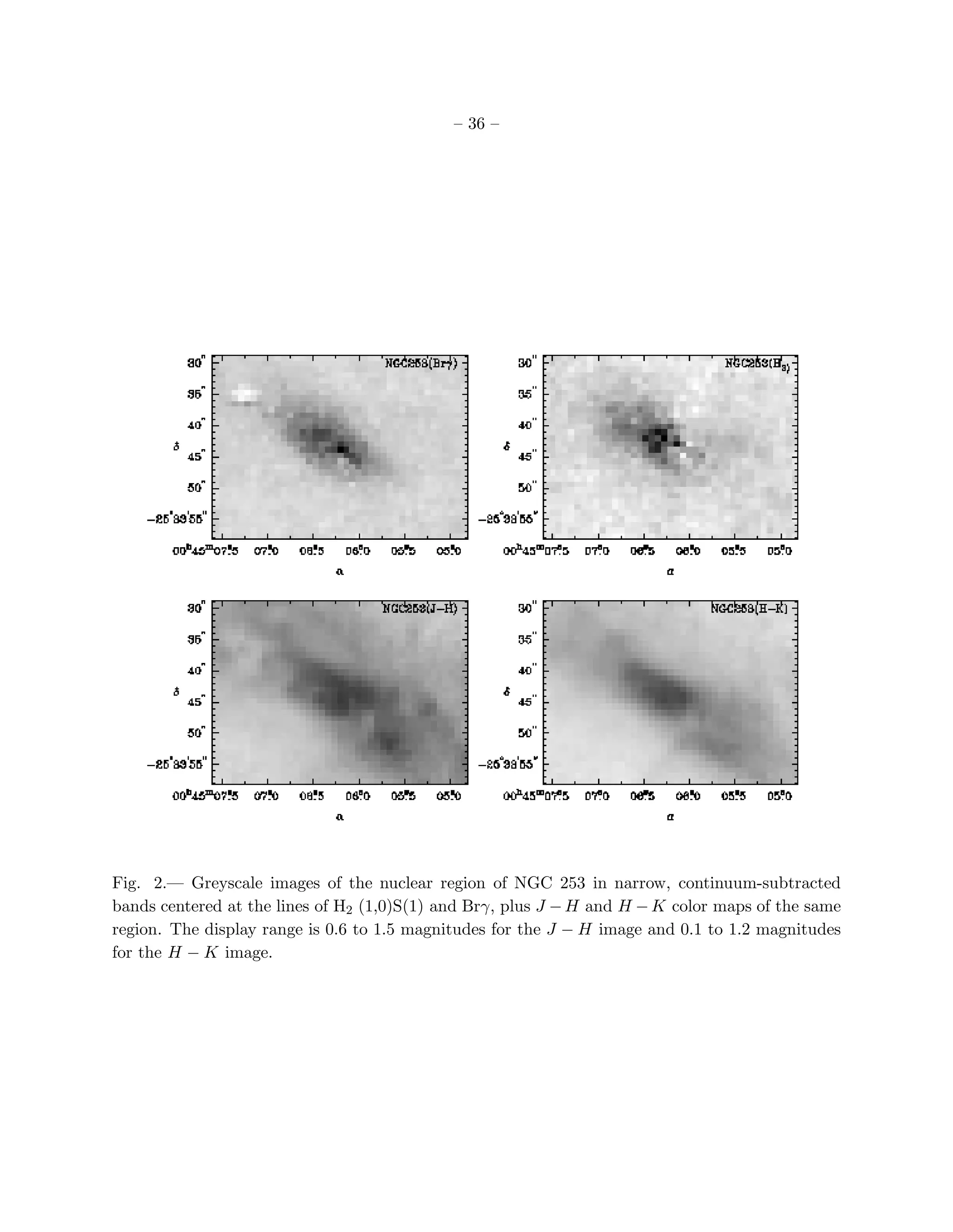 – 36 –




Fig. 2.— Greyscale images of the nuclear region of NGC 253 in narrow, continuum-subtracted
bands centered at the lines of H2 (1,0)S(1) and Brγ, plus J − H and H − K color maps of the same
region. The display range is 0.6 to 1.5 magnitudes for the J − H image and 0.1 to 1.2 magnitudes
for the H − K image.
 
