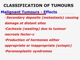 CLASSIFICATION OF TUMOURS
Malignant Tumours - Effects
• Secondary deposits (metastasis) causing
damage at distant sites
•Cachexia (wasting) due to tumour
necrosis factor-α
•Production of hormones either
appropriate or inappropriate (ectopic)
•Paraneoplastic syndromes
 