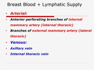 Breast Blood + Lymphatic Supply
• Arterial:
• Anterior perforating branches of internal
mammary artery (internal thoracic)
• Branches of external mammary artery (lateral
thoracic)
• Venous:
• Axillary vein
• Internal thoracic vein
 