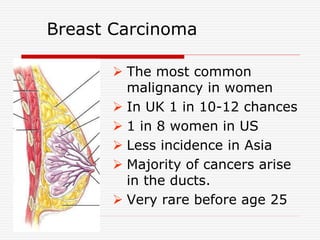 Breast Carcinoma
 The most common
malignancy in women
 In UK 1 in 10-12 chances
 1 in 8 women in US
 Less incidence in Asia
 Majority of cancers arise
in the ducts.
 Very rare before age 25
 
