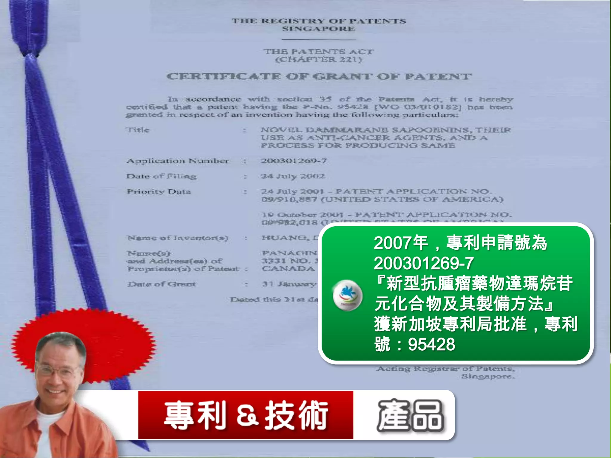2007年，專利申請號為
200301269-7
『新型抗腫瘤藥物達瑪烷苷
元化合物及其製備方法』
獲新加坡專利局批准，專利
號：95428
 