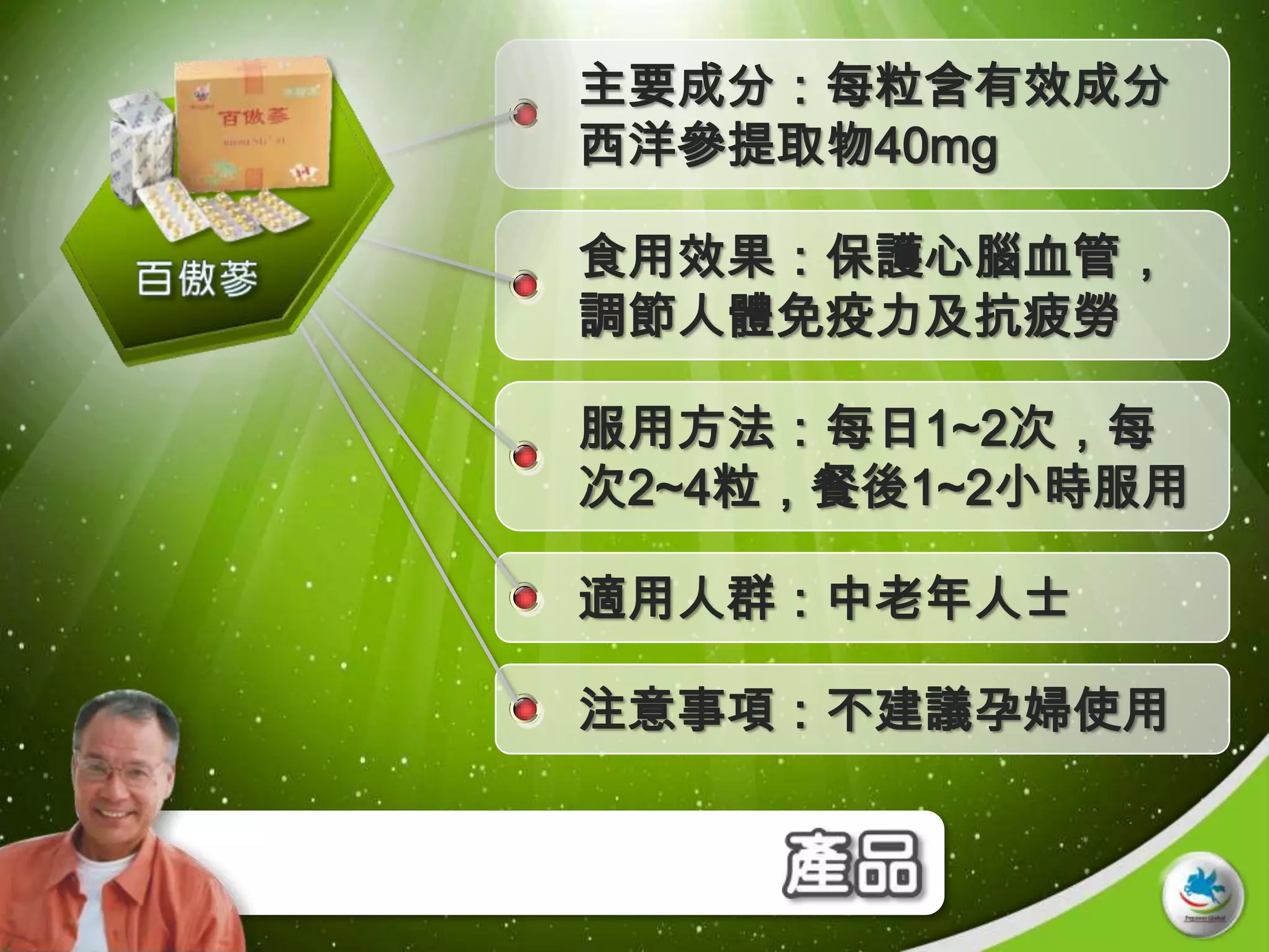 主要成分：每粒含有效成分
西洋參提取物40mg

食用效果：保護心腦血管，
調節人體免疫力及抗疲勞

服用方法：每日1~2次，每
次2~4粒，餐後1~2小時服用

適用人群：中老年人士

注意事項：不建議孕婦使用
 