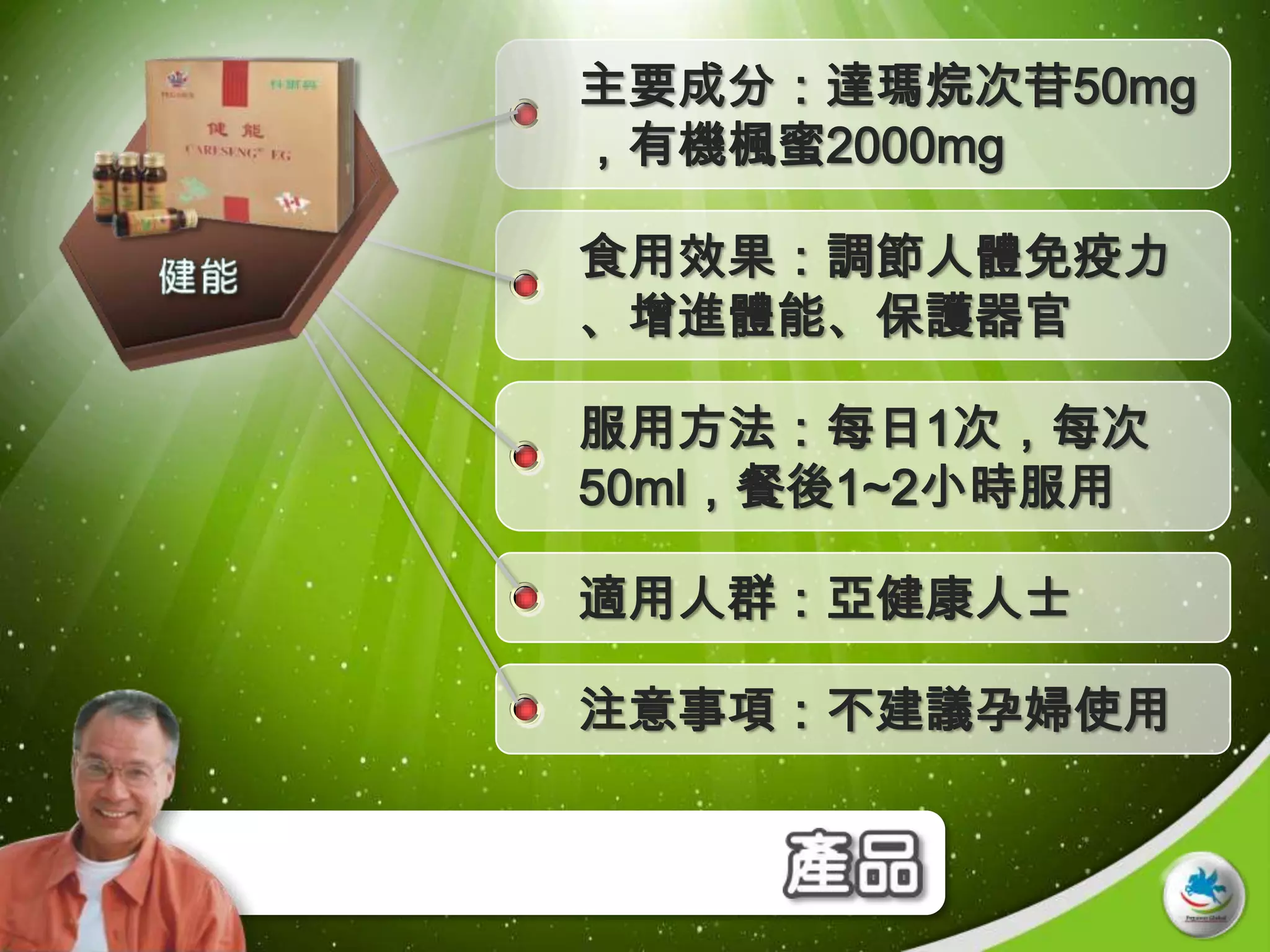 主要成分：達瑪烷次苷50mg
，有機楓蜜2000mg

食用效果：調節人體免疫力
、增進體能、保護器官

服用方法：每日1次，每次
50ml，餐後1~2小時服用

適用人群：亞健康人士

注意事項：不建議孕婦使用
 