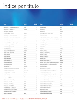 Índice por título
Administración de la cadena de suministros 3e Chopra 33
Administración de operaciones 8e Krajewski 33
Amplificadores operacionales
y circuitos integrados lineales 5e Coughlin 9
Análisis básico de circuitos eléctricos 5e Johnson 11
Análisis básico de circuitos eléctricos y electrónicos Vázquez 9
Análisis de sistemas lineales VVAA 17
Análisis estructural 3e Hibbeler 22
Análisis y diseño de circuitos lógicos digitales Nelson 5
Centrales de energía renovable Colmenar 28
Centrales de energías renovables Colmenar 30
Ciencia de materiales Mangonon 27
Ciencia y tecnología de materiales Cembrero 27
Circuitos digitales integrados 2e Rabaey 3
Circuitos eléctricos VVAA 11
Circuitos eléctricos Usaola 12
Circuitos eléctricos 7e Nilsson 11
Circuitos electrónicos 8e Floyd 7
Componentes de máquinas VVAA 24
Comunicaciones digitales Artes 19
Control de calidad 8e Besterfield 35
Control de movimiento de robots manipuladores Kelly 16
Control de sistemas no lineales Sira-Ramírez 17
Control en el espacio de estado 2e Domínguez 16
Control PID avanzado Åström 15
Curso de termodinámica Aguilar 27
Descubre AutoCAD 2004 Dix 30
Dibujo y comunicación gráfica 3e Giesecke 31
Dirección de la producción Martín 33
Dirección de la producción I 8e Heizer 32
Dirección de la producción II 8e Heizer 32
Diseño de elementos de máquinas 4e Mott 24
Diseño de estructuras de acero con LRFD Galambos 22
Diseño de instalaciones de manufactura
y manejo de materiales 3e Meyers 32
TÍTULO AUTOR PÁGINA TÍTULO AUTOR PÁGINA
Diseño de máquinas Norton 24
Diseño digital 3e Morris 4
Diseño digital 3e Wakerly 4
Diseño e ingeniería con Autodesk Inventor Quirds 31
Diseño electrónico 3e Savant 7
Diseño y cálculo de instalaciones de gases combustibles Romero 29
Ejercicios de tratamiento de la señal utilizando MATLAB V.4 Burrus 20
El libro de LATEX Cascales 34
Electricidad y magnetismo Gascón 12
Electricidad y magnetismo Serrano 13
Electroacústica Pueo 19
Electrónica 2e Hambley 6
Electrónica analógica López 8
Electrónica de comunicaciones Sierra 6
Electrónica de potencia Hart 8
Electrónica de potencia 3e Rashid 8
Electrónica digital Artigas 6
Electrónica industrial moderna 5e Maloney 6
Electrónica: teoría de circuitos y dispositivos electrónicos 10e Boylestad 7
Elementos de ingeniería de las reacciones químicas 4e Scott 25
Elementos de máquinas 7e Spots 25
Expresión gráfica en la ingeniería Pérez 30
Fundamentos de aplicaciones en electromagnetismo 5e Ulaby 12
Fundamentos de circuitos eléctricos Cogdell 11
Fundamentos de compatibilidad electromagnética Sebastián 13
Fundamentos de diseño lógico y de computadoras 3e Morris 5
Fundamentos de electromagnetismo para ingeniería Cheng 13
Fundamentos de electrónica Cogdell 7
Fundamentos de la teoría electromagnética 4e Reitz 13
Fundamentos de manufactura moderna Groover 31
Fundamentos de máquinas eléctricas Cogdell 24
Fundamentos de microelectrónica,
nanoelectrónica y fotónica Albella 9
Fundamentos de señales y sistemas 3e Kamen 20
Fundamentos de sistemas digitales 9e Floyd 4
Pdf downloaded from http://www.thepdfportal.com/120328291299965309_98094.pdf
 