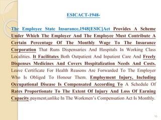 ESICACT-1948-
The Employee State Insurance,1948[ESIC]Act Provides A Scheme
Under Which The Employer And The Employee Must Contribute A
Certain Percentage Of The Monthly Wage To The Insurance
Corporation That Runs Dispensaries And Hospitals In Working Class
Localities. It Facilitates Both Outpatient And Inpatient Care And Freely
Dispenses Medicines And Covers Hospitalization Needs And Costs.
Leave Certificate For Health Reasons Are Forwarded To The Employer
Who Is Obliged To Honour Them. Employment Injury, Including
Occupational Disease Is Compensated According To A Schedule Of
Rates Proportionate To The Extent Of Injury And Loss Of Earning
Capacity.payment,unlike In The Workmen’s Compensation Act Is Monthly.
10
 