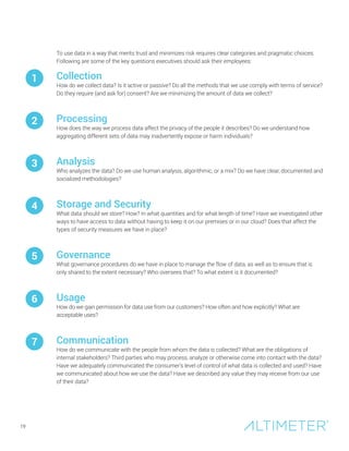 To use data in a way that merits trust and minimizes risk requires clear categories and pragmatic choices.
Following are some of the key questions executives should ask their employees:
Collection
How do we collect data? Is it active or passive? Do all the methods that we use comply with terms of service?
Do they require (and ask for) consent? Are we minimizing the amount of data we collect?
Processing
How does the way we process data affect the privacy of the people it describes? Do we understand how
aggregating different sets of data may inadvertently expose or harm individuals?
Analysis
Who analyzes the data? Do we use human analysis, algorithmic, or a mix? Do we have clear, documented and
socialized methodologies?
Storage and Security
What data should we store? How? In what quantities and for what length of time? Have we investigated other
ways to have access to data without having to keep it on our premises or in our cloud? Does that affect the
types of security measures we have in place?
Governance
What governance procedures do we have in place to manage the flow of data, as well as to ensure that is
only shared to the extent necessary? Who oversees that? To what extent is it documented?
Usage
How do we gain permission for data use from our customers? How often and how explicitly? What are
acceptable uses?
Communication
How do we communicate with the people from whom the data is collected? What are the obligations of
internal stakeholders? Third parties who may process, analyze or otherwise come into contact with the data?
Have we adequately communicated the consumer’s level of control of what data is collected and used? Have
we communicated about how we use the data? Have we described any value they may receive from our use
of their data?
1
2
3
4
5
6
7
19
 