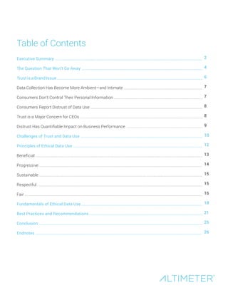 Executive Summary ...........................................................................................................................................................................
The Question That Won’t Go Away ............................................................................................................................................
Trust is a Brand Issue.........................................................................................................................................................................
Data Collection Has Become More Ambient—and Intimate ..........................................................................................................
Consumers Don’t Control Their Personal Information .......................................................................................................................
Consumers Report Distrust of Data Use .......................................................................................................................................................
Trust is a Major Concern for CEOs .....................................................................................................................................................................
Distrust Has Quantifiable Impact on Business Performance .......................................................................................................
Challenges of Trust and Data Use .............................................................................................................................................
Principles of Ethical Data Use ......................................................................................................................................................
Beneficial .................................................................................................................................................................................................................................
Progressive ...........................................................................................................................................................................................................................
Sustainable ...........................................................................................................................................................................................................................
Respectful ..............................................................................................................................................................................................................................
Fair ...............................................................................................................................................................................................................................................
Fundamentals of Ethical Data Use ............................................................................................................................................
Best Practices and Recommendations ...................................................................................................................................
Conclusion ..............................................................................................................................................................................................
Endnotes .................................................................................................................................................................................................
Table of Contents
2
4
6
7
7
8
8
9
10
12
13
14
15
15
16
18
21
25
26
 