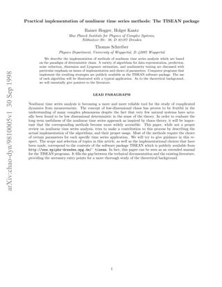 arXiv:chao-dyn/9810005v130Sep1998
Practical implementation of nonlinear time series methods: The TISEAN package
Rainer Heg...