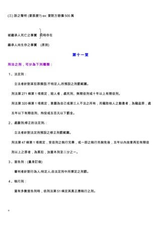 (三) 訴之聲明 (要甚麼?) ex: 要對方賠償 500 萬




被繼承人死亡之事實 同時存在


繼承人尚生存之事實      (原則)


                              第十一堂

刑法之刑，可分為下列種類：


１、法定刑：


　　立法者針對某犯罪類型﹙不特定人﹚所預設之刑罰範圍。


    刑法第 271 條第 1 項規定，殺人者，處死刑、無期徒刑或十年以上有期徒刑。


    刑法第 320 條第 1 項規定，意圖為自己或第三人不法之所有，而竊取他人之動產者，為竊盜罪，處


    五年以下有期徒刑、拘役或五百元以下罰金。


２、處斷刑﹙修正的法定刑﹚：


　　立法者針對法定刑預設之修正刑罰範圍。


    刑法第 47 條第 1 項規定，受徒刑之執行完畢，或一部之執行而赦免後，五年以內故意再犯有期徒


    刑以上之罪者，為累犯，加重本刑至二分之一。


３、宣告刑：(量身訂做)


　　審判者針對行為人﹙特定人﹚自法定刑中所擇定之刑罰。


４、執行刑：


　　當有多數宣告刑時，依刑法第 51 條定其真正應執行之刑。




◎
 
