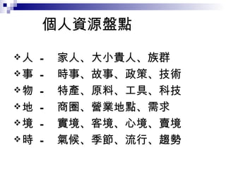 個人資源盤點 人  -  家人、大小貴人、族群 事  -  時事、故事、政策、技術 物  -  特產、原料、工具、科技 地  -  商圈、營業地點、需求 境  -  實境、客境、心境、賣境 時  -  氣候、季節、流行、趨勢 