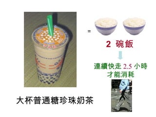 大杯普通糖珍珠奶茶 ﹦ 2  碗飯 連續快走 2.5 小時 才能消耗 