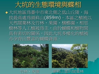 大坑的生態環境與蝶相
大坑地區為臺中市東北側之低山丘陵，海
拔最高處為頭嵙山(859m)。本區之植被以
天然闊葉林及竹林、果園、檳榔園、相思
樹林等人工植被為主，由於蝴蝶和植物間
具有密切的關係，因此大坑多樣化的植被
亦孕育出豐富的蝴蝶資源。




  竹林、果園    頭嵙山區的闊葉林
 