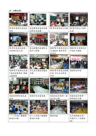 四、活動花絮:
  活動花絮:




98 學年度新生家長座    校長暨家長會會長贈   98 學年度家長日活動   98 學年度志工迎新
談會             送新生見面禮                    大會




98 學年度家長會第一    臺北縣雙和區國際文   辦理 98 年度新住民生 辦理 98 年度新住民
次班級代表大會        教中心開幕       活適應班-機車考照    幸福生活講座
                           班培訓




辦理 98 年度新住民第   多元文化電影節播放   辦理 98 年度臺北縣雙 個案研討研習
3 階段技藝專班-電腦    活動          和區-多元文化教育
文書處理                       研習




特教班開學前家長座      個案評估安置會議    特教班校外教學—關     特教班校外教學—
談會                         渡自然公園         野柳海洋公園




一～三年級小團輔課      四～六年級小團輔課   輔導會議          五年級衛教宣導—
程進行活動          程進行活動                     活動中心（校護桂
                                         梅）
 