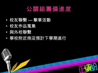 公關組籌備進度 校友聯繫 --- 擊掌活動 校友作品蒐集 與外校聯繫 學校附近商店預計下學期進行 