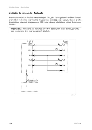 Eletricidade Veicular — Mercedez-Benz
Global Training.
104
Limitador de velocidade - Tacógrafo
A velocidade máxima do veículo é determinada pelo ADM, para a execução desta tarefa ele compara
a velocidade real com o valor máximo de velocidade permitido para o veículo. Quando o valor
de velocidade máxima é ultrapassado, o ADM reduz o torque solicitado ao módulo de comando
do motor.
Importante : E necessário que o sinal de velocidade do tacógrafo esteja correto, portanto,
este equipamento deve estar devidamente ajustado.
ADM014.emf
 