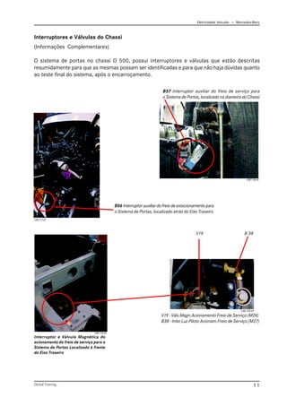 Eletricidade Veicular — Mercedez-Benz
Global Training. 11
Interruptores e Válvulas do Chassi
(Informações Complementares)
O sistema de portas no chassi O 500, possui interruptores e válvulas que estão descritas
resumidamente para que as mesmas possam ser identificadas e para que não haja dúvidas quanto
ao teste final do sistema, após o encarroçamento.
B56Interruptorauxiliardofreiodeestacionamentopara
o Sistema de Portas, localizado atrás do Eixo Traseiro
Interruptor e Válvula Magnética do
acionamento do freio de serviço para o
Sistema de Portas Localizado à frente
do Eixo Traseiro
V19 - Válv.Magn.Acionamento Freio de Serviço (M24)
B38 - Inter.Luz Piloto Acionam.Freio de Serviço (M27)
B57 Interruptor auxiliar do freio de serviço para
o Sistema de Portas, localizado na dianteira do Chassi
V19 B 38
CBC117.tif
CBC118.tif
CBC119.tif
CBC120.tif
 