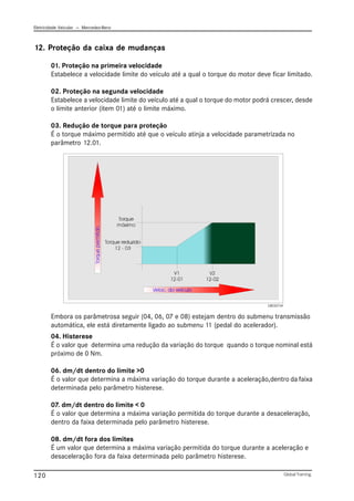 Eletricidade Veicular — Mercedez-Benz
Global Training.
120
12. Proteção da caixa de mudanças
01. Proteção na primeira velocidade
Estabelece a velocidade limite do veículo até a qual o torque do motor deve ficar limitado.
02. Proteção na segunda velocidade
Estabelece a velocidade limite do veículo até a qual o torque do motor podrá crescer, desde
o limite anterior (item 01) até o limite máximo.
03. Redução de torque para proteção
É o torque máximo permitido até que o veículo atinja a velocidade parametrizada no
parâmetro 12.01.
04. Histerese
É o valor que determina uma redução da variação do torque quando o torque nominal está
próximo de 0 Nm.
06. dm/dt dentro do limite >0
É o valor que determina a máxima variação do torque durante a aceleração,dentro da faixa
determinada pelo parâmetro histerese.
07. dm/dt dentro do limite < 0
É o valor que determina a máxima variação permitida do torque durante a desaceleração,
dentro da faixa determinada pelo parâmetro histerese.
08. dm/dt fora dos limites
É um valor que determina a máxima variação permitida do torque durante a aceleração e
desaceleração fora da faixa determinada pelo parâmetro histerese.
Embora os parâmetrosa seguir (04, 06, 07 e 08) estejam dentro do submenu transmissão
automática, ele está diretamente ligado ao submenu 11 (pedal do acelerador).
CBC027.tif
 