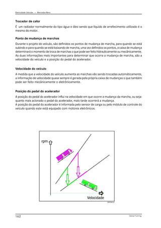 Eletricidade Veicular — Mercedez-Benz
Global Training.
162
Trocador de calor
É um radiador normalmente do tipo água e óleo sendo que líquido de arrefecimento utilizado é o
mesmo do motor.
Ponto de mudança de marchas
Durante o projeto do veículo, são definidos os pontos de mudança de marcha, para quando se está
subindo e para quando se está baixando de marcha, uma vez definidos os pontos, a caixa de mudança
determinará o momento de troca de marchas o que pode ser feito hidraulicamente ou mecânicamente.
As duas informações mais importantes para determinar que ocorra a mudança de marcha, são a
velocidade do veículo e a posição do pedal do acelerador.
Velocidade do veículo
A medida que a velocidade do veículo aumenta as marchas vão sendo trocadas automáticamente,
a informação de velocidade quase sempre é gerada pela própria caixa de mudanças o que também
pode ser feito mecânicamente o eletrônicamente.
Posição do pedal do acelerador
A posição do pedal do acelerador influi na velocidade em que ocorre a mudança da marcha, ou seja:
quanto mais acionado o pedal do acelerador, mais tarde ocorrerá a mudança.
A posição do pedal do acelerador é informada pelo sensor de carga ou pelo módulo de controle do
veículo quando este está equipado com motores eletrônicos.
CBC006.tif
 