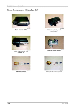 Eletricidade Veicular — Mercedez-Benz
Global Training.
184
Figuras Complementares - Sistema Easy Shift
Módulo Interruptor de pressão
(conector U10)
Módulo eletrônico EST-11
Módulo Amplificador de sinal
(Conector U9)
Interruptor de neutro
Sensor de rotação de saída
Interruptor de marcha engatada
CBC112.tif
CBC111.tif
CBC109.tif
CBC108.tif
CBC110.tif
CBC107.tif
 