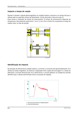 Eletricidade Veicular — Mercedez-Benz
Global Training.
56
Impacto e tempo de reação
Quando é ativada a válvula eletromagnética na unidade injetora, transcorre um tempo até que a
válvula vede na superfície cônica de fechamento (2) (A) vencendo a força da mola (1).
Esse tempo é chamado de tempo de atracamento. O tempo de atracamento depende da
temperatura. Normalmente oscila entre 1 ms e 1,2 ms. Com o motor frio, é possível um tempo de
reação maior na fase de partida.
Identificação do impacto
Na ativação do eletroimã da unidade injetora, a corrente (1) aumenta até aproximadamente 16 A
devido ao campo magnético. Ao diminuir a separação entre a placa de ancoragem e o núcleo do
eletroimã, a corrente diminuirá até 10 A. Desta forma, o circuito detector na unidade de controle
identifica que a válvula está fechada (inicia o processo de injeção).
1 - Percurso da corrente na unidade injetora
2 - Início de fechamento
injetora005.tif
PLP110.tif
 