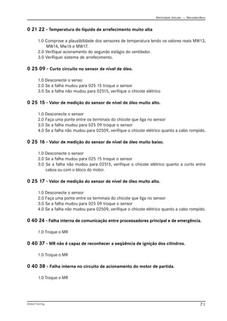 Eletricidade Veicular — Mercedez-Benz
Global Training. 71
0 21 22 - Temperatura do líquido de arrefecimento muito alta
1.0 Comprove a plausibilidade dos sensores de temperatura lendo os valores reais MW13,
MW14, Mw16 e MW17.
2.0 Verifique acionamento do segundo estágio do ventilador.
3.0 Verifiquei sistema de arrefecimento.
0 25 09 - Curto circuito no sensor de nível de óleo.
1.0 Desconecte o senso
2.0 Se a falha mudou para 025 15 troque o sensor
3.0 Se a falha não mudou para 02515, verifique o chicote elétrico
0 25 15 - Valor de medição do sensor de nível de óleo muito alto.
1.0 Desconecte o sensor
2.0 Faça uma ponte entre os terminais do chicote que liga no sensor
3.0 Se a falha mudou para 025 09 troque o sensor
4.0 Se a falha não mudou para 02509, verifique o chicote elétrico quanto a cabo rompido.
0 25 16 - Valor de medição do sensor de nível de óleo muito baixo.
1.0 Desconecte o sensor
2.0 Se a falha mudou para 025 15 troque o sensor
3.0 Se a falha não mudou para 02515, verifique o chicote elétrico quanto a curto entre
cabos ou com o bloco do motor.
0 25 17 - Valor de medição do sensor de nível de óleo muito alto.
1.0 Desconecte o sensor
2.0 Faça uma ponte entre os terminais do chicote que liga no sensor
3.0 Se a falha mudou para 025 09 troque o sensor
4.0 Se a falha não mudou para 02509, verifique o chicote elétrico quanto a cabo rompido.
0 40 24 - Falha interna de comunicação entre processadores principal e de emergência.
1.0 Troque o MR
0 40 37 - MR não é capaz de reconhecer a seqüência de ignição dos cilindros.
1.0 Troque o MR
0 40 38 - Falha interna no circuito de acionamento do motor de partida.
1.0 Troque o MR
 