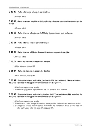 Eletricidade Veicular — Mercedez-Benz
Global Training.
72
0 40 47 - Falha interna na leitura de parâmetros.
1.0 Troque o MR
0 40 48 - Falha interna a seqüência de ignição dos cilindros não coincide com o tipo de
motor.
1.0 Troque o MR
0 40 50 - Falha interna, o hardware do MR não é reconhecido pelo software.
1.0 Troque o MR
0 40 51 - Falha interna, erro de parametrização.
1.0 Troque o MR
0 40 56 - Falha interna, o MR não é capaz de acionar o motor de partida.
1.0 Troque o MR
0 65 06 - Falha no sistema de separador de óleo.
1.0 Não aplicado, troque MR
0 65 64 - Falha no sistema de separador de óleo.
1.0 Não aplicado, troque MR
0 75 42 - Tensão da bateria muito alta, ( acima de 30V para sistemas 24V ou acima de
16V para sistemas de 12V) por um tempo maior que 5 segundos.
1.0 Verifique regulador de tensão
2.0 Verifique ligações de equipamentos de 12V entre as duas baterias.
0 75 43 - Tensão da bateria muito baixa, ( acima de 22V para sistemas 24V ou acima de
10V para sistemas de 12V) por um tempo maior que 5 segundos.
1.0 Verifique regulador de tensão
2.0 Verifique os cabos de ligação desde o borne positivo da bateria até a entrada do MR.
3.0 Compare a tensão medida com o multímetro na entrada do MR e o valor lido em
valor MW21, se o valor lido pelo MR, troque o MR.
 