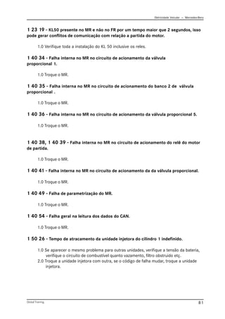 Eletricidade Veicular — Mercedez-Benz
Global Training. 81
1 23 19 - KL50 presente no MR e não no FR por um tempo maior que 2 segundos, isso
pode gerar conflitos de comunicação com relação a partida do motor.
1.0 Verifique toda a instalação do KL 50 inclusive os reles.
1 40 34 - Falha interna no MR no circuito de acionamento da válvula
proporcional 1.
1.0 Troque o MR.
1 40 35 - Falha interna no MR no circuito de acionamento do banco 2 de válvula
proporcional .
1.0 Troque o MR.
1 40 36 - Falha interna no MR no circuito de acionamento da válvula proporcional 5.
1.0 Troque o MR.
1 40 38, 1 40 39 - Falha interna no MR no circuito de acionamento do relê do motor
de partida.
1.0 Troque o MR.
1 40 41 - Falha interna no MR no circuito de acionamento da da válvula proporcional.
1.0 Troque o MR.
1 40 49 - Falha de parametrização do MR.
1.0 Troque o MR.
1 40 54 - Falha geral na leitura dos dados do CAN.
1.0 Troque o MR.
1 50 26 - Tempo de atracamento da unidade injetora do cilindro 1 indefinido.
1.0 Se aparecer o mesmo problema para outras unidades, verifique a tensão da bateria,
verifique o circuito de combustível quanto vazamento, filtro obstruido etç.
2.0 Troque a unidade injetora com outra, se o código de falha mudar, troque a unidade
injetora.
 