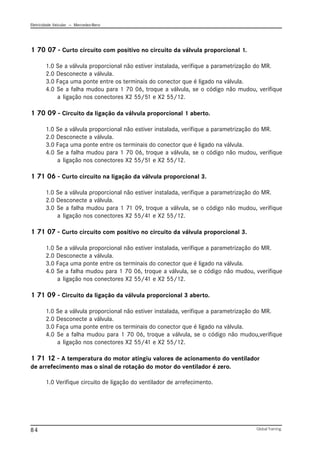 Eletricidade Veicular — Mercedez-Benz
Global Training.
84
1 70 07 - Curto circuito com positivo no circuito da válvula proporcional 1.
1.0 Se a válvula proporcional não estiver instalada, verifique a parametrização do MR.
2.0 Desconecte a válvula.
3.0 Faça uma ponte entre os terminais do conector que é ligado na válvula.
4.0 Se a falha mudou para 1 70 06, troque a válvula, se o código não mudou, verifique
a ligação nos conectores X2 55/51 e X2 55/12.
1 70 09 - Circuito da ligação da válvula proporcional 1 aberto.
1.0 Se a válvula proporcional não estiver instalada, verifique a parametrização do MR.
2.0 Desconecte a válvula.
3.0 Faça uma ponte entre os terminais do conector que é ligado na válvula.
4.0 Se a falha mudou para 1 70 06, troque a válvula, se o código não mudou, verifique
a ligação nos conectores X2 55/51 e X2 55/12.
1 71 06 - Curto circuito na ligação da válvula proporcional 3.
1.0 Se a válvula proporcional não estiver instalada, verifique a parametrização do MR.
2.0 Desconecte a válvula.
3.0 Se a falha mudou para 1 71 09, troque a válvula, se o código não mudou, verifique
a ligação nos conectores X2 55/41 e X2 55/12.
1 71 07 - Curto circuito com positivo no circuito da válvula proporcional 3.
1.0 Se a válvula proporcional não estiver instalada, verifique a parametrização do MR.
2.0 Desconecte a válvula.
3.0 Faça uma ponte entre os terminais do conector que é ligado na válvula.
4.0 Se a falha mudou para 1 70 06, troque a válvula, se o código não mudou, vverifique
a ligação nos conectores X2 55/41 e X2 55/12.
1 71 09 - Circuito da ligação da válvula proporcional 3 aberto.
1.0 Se a válvula proporcional não estiver instalada, verifique a parametrização do MR.
2.0 Desconecte a válvula.
3.0 Faça uma ponte entre os terminais do conector que é ligado na válvula.
4.0 Se a falha mudou para 1 70 06, troque a válvula, se o código não mudou,verifique
a ligação nos conectores X2 55/41 e X2 55/12.
1 71 12 - A temperatura do motor atingiu valores de acionamento do ventilador
de arrefecimento mas o sinal de rotação do motor do ventilador é zero.
1.0 Verifique circuito de ligação do ventilador de arrefecimento.
 