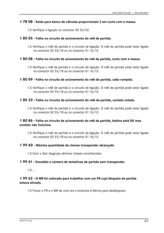 Eletricidade Veicular — Mercedez-Benz
Global Training. 87
1 78 08 - Saída para banco de válvulas proporcionais 2 em curto com a massa.
1.0 Verifique a ligação no conector X2 55/52.
1 80 05 - Falha no circuito de acionamento do relê de partida.
1.0 Verifique o relê de partida e o circuito de ligação. O relê de partida pode estar ligado
no conector X2 55/18 ou no conector X1 16/12.
1 80 08 - Falha no circuito de acionamento do relê de partida, curto com a massa.
1.0 Verifique o relê de partida e o circuito de ligação. O relê de partida pode estar ligado
no conector X2 55/18 ou no conector X1 16/12.
1 80 09 - Falha no circuito de acionamento do relê de partida, cabo rompido.
1.0 Verifique o relê de partida e o circuito de ligação. O relê de partida pode estar ligado
no conector X2 55/18 ou no conector X1 16/12.
1 80 33 - Falha no circuito de acionamento do relê de partida, contato colado.
1.0 Verifique o relê de partida e o circuito de ligação. O relê de partida pode estar ligado
no conector X2 55/18 ou no conector X1 16/12.
1 80 86 - Falha no circuito de acionamento do relê de partida, bobina está OK mas
contato não funciona.
1.0 Verifique o relê de partida e o circuito de ligação. O relê de partida pode estar ligado
no conector X2 55/18 ou no conector X1 16/12.
1 99 60 - Máxima quantidade de chaves transponder alcançado
1.0 Com o Star diagnose eliminar chaves reconhecidas.
1 99 61 - Excedido o número de tentativas de partida sem transponder.
1.0 ...
1 99 62 - O MR foi colocado para trabalhar com um FR cujo bloqueio de partida
estava ativado.
1.0 Trocar o FR e o MR de uma vez e envia-los à fábrica para desbloqueio.
 
