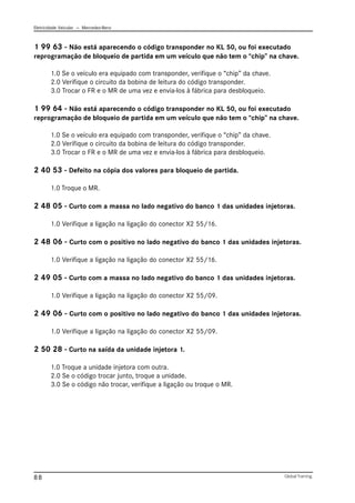 Eletricidade Veicular — Mercedez-Benz
Global Training.
88
1 99 63 - Não está aparecendo o código transponder no KL 50, ou foi executado
reprogramação de bloqueio de partida em um veículo que não tem o “chip” na chave.
1.0 Se o veículo era equipado com transponder, verifique o “chip” da chave.
2.0 Verifique o circuito da bobina de leitura do código transponder.
3.0 Trocar o FR e o MR de uma vez e envia-los à fábrica para desbloqueio.
1 99 64 - Não está aparecendo o código transponder no KL 50, ou foi executado
reprogramação de bloqueio de partida em um veículo que não tem o “chip” na chave.
1.0 Se o veículo era equipado com transponder, verifique o “chip” da chave.
2.0 Verifique o circuito da bobina de leitura do código transponder.
3.0 Trocar o FR e o MR de uma vez e envia-los à fábrica para desbloqueio.
2 40 53 - Defeito na cópia dos valores para bloqueio de partida.
1.0 Troque o MR.
2 48 05 - Curto com a massa no lado negativo do banco 1 das unidades injetoras.
1.0 Verifique a ligação na ligação do conector X2 55/16.
2 48 06 - Curto com o positivo no lado negativo do banco 1 das unidades injetoras.
1.0 Verifique a ligação na ligação do conector X2 55/16.
2 49 05 - Curto com a massa no lado negativo do banco 1 das unidades injetoras.
1.0 Verifique a ligação na ligação do conector X2 55/09.
2 49 06 - Curto com o positivo no lado negativo do banco 1 das unidades injetoras.
1.0 Verifique a ligação na ligação do conector X2 55/09.
2 50 28 - Curto na saída da unidade injetora 1.
1.0 Troque a unidade injetora com outra.
2.0 Se o código trocar junto, troque a unidade.
3.0 Se o código não trocar, verifique a ligação ou troque o MR.
 