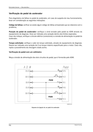 Eletricidade Veicular — Mercedez-Benz
Global Training.
96
Verificação do pedal do acelerador
Para diagnóstico de falhas no pedal do acelerador, em caso de suspeita de mau funcionamento,
levar em consideração as seguintes indicações:
Código de falhas: verificar se existe algum código de falhas armazenado que se relacione com o
problema;
Posição do pedal do acelerador: verifique o sinal enviado pelo pedal ao ADM através do
equipamento de diagnose. Deve ser indicada uma variação dentro dos limites esperados.
Caso não indique, verifique o chicote elétrico (conectores) e a tensão de alimentação no pedal do
acelerador.
Torque solicitado: verifique o valor de torque solicitado, através do equipamento de diagnose.
Deverá ser indicada uma variação de 0 ao torque máximo especificado para o motor. Caso não,
repita o procedimento de checagem citado acima.
Verificação do pedal com um voltímetro
Meça a tensão de alimentação dos dois circuitos do pedal, que é fornecida pelo ADM.
Esquema da ligação de um pedal do acelerador
PWM
PWM
ADM023.emf
 