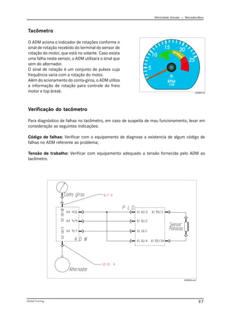 Eletricidade Veicular — Mercedez-Benz
Global Training. 97
Tacômetro
O ADM aciona o indicador de rotações conforme o
sinal de rotação recebido do terminal do sensor de
rotação do motor, que está no volante. Caso exista
uma falha neste sensor, o ADM utilizara o sinal que
vem do alternador.
O sinal de rotação é um conjunto de pulsos cuja
frequência varia com a rotação do motor.
Além do acionamento do conta-giros, o ADM utiliza
a informação de rotação para controle do freio
motor e top break.
Verificação do tacômetro
Para diagnóstico de falhas no tacômetro, em caso de suspeita de mau funcionamento, levar em
consideração as seguintes indicações:
Código de falhas: Verificar com o equipamento de diagnose a existencia de algum código de
falhas no ADM referente ao problema;
Tensão de trabalho: Verificar com equipamento adequado a tensão fornecida pelo ADM ao
tacômetro.
ADM007.tif
ADM006.emf
 
