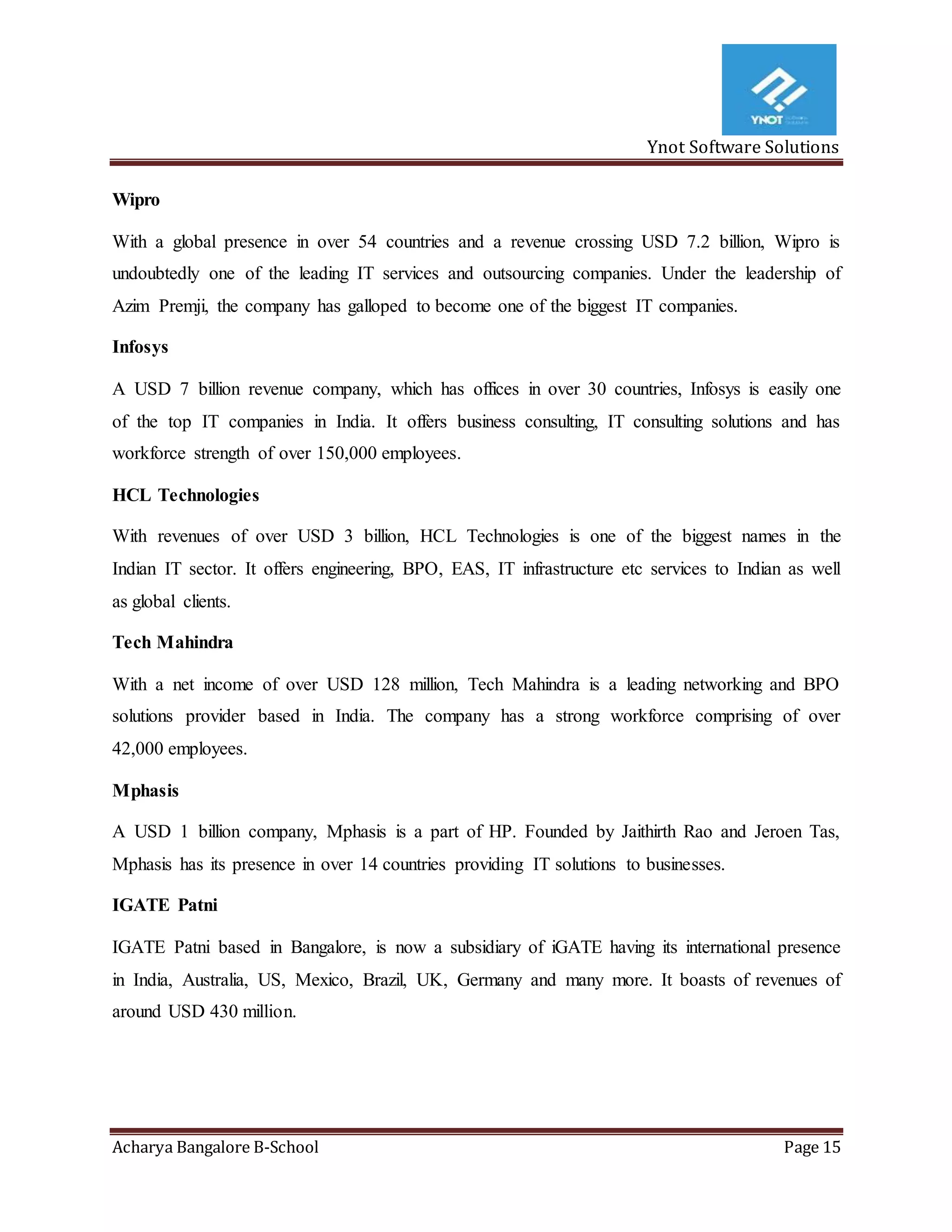 Ynot Software Solutions
Acharya Bangalore B-School Page 15
Wipro
With a global presence in over 54 countries and a revenue crossing USD 7.2 billion, Wipro is
undoubtedly one of the leading IT services and outsourcing companies. Under the leadership of
Azim Premji, the company has galloped to become one of the biggest IT companies.
Infosys
A USD 7 billion revenue company, which has offices in over 30 countries, Infosys is easily one
of the top IT companies in India. It offers business consulting, IT consulting solutions and has
workforce strength of over 150,000 employees.
HCL Technologies
With revenues of over USD 3 billion, HCL Technologies is one of the biggest names in the
Indian IT sector. It offers engineering, BPO, EAS, IT infrastructure etc services to Indian as well
as global clients.
Tech Mahindra
With a net income of over USD 128 million, Tech Mahindra is a leading networking and BPO
solutions provider based in India. The company has a strong workforce comprising of over
42,000 employees.
Mphasis
A USD 1 billion company, Mphasis is a part of HP. Founded by Jaithirth Rao and Jeroen Tas,
Mphasis has its presence in over 14 countries providing IT solutions to businesses.
IGATE Patni
IGATE Patni based in Bangalore, is now a subsidiary of iGATE having its international presence
in India, Australia, US, Mexico, Brazil, UK, Germany and many more. It boasts of revenues of
around USD 430 million.
 