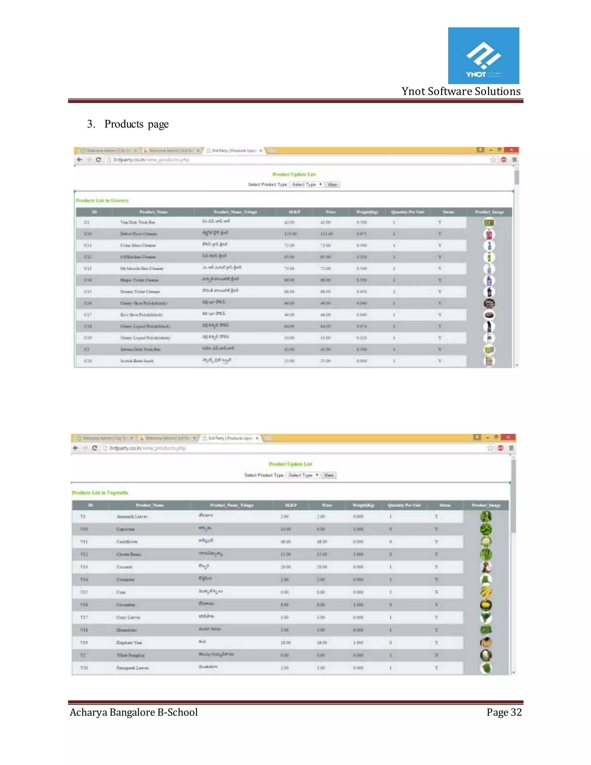 Ynot Software Solutions
Acharya Bangalore B-School Page 32
3. Products page
 