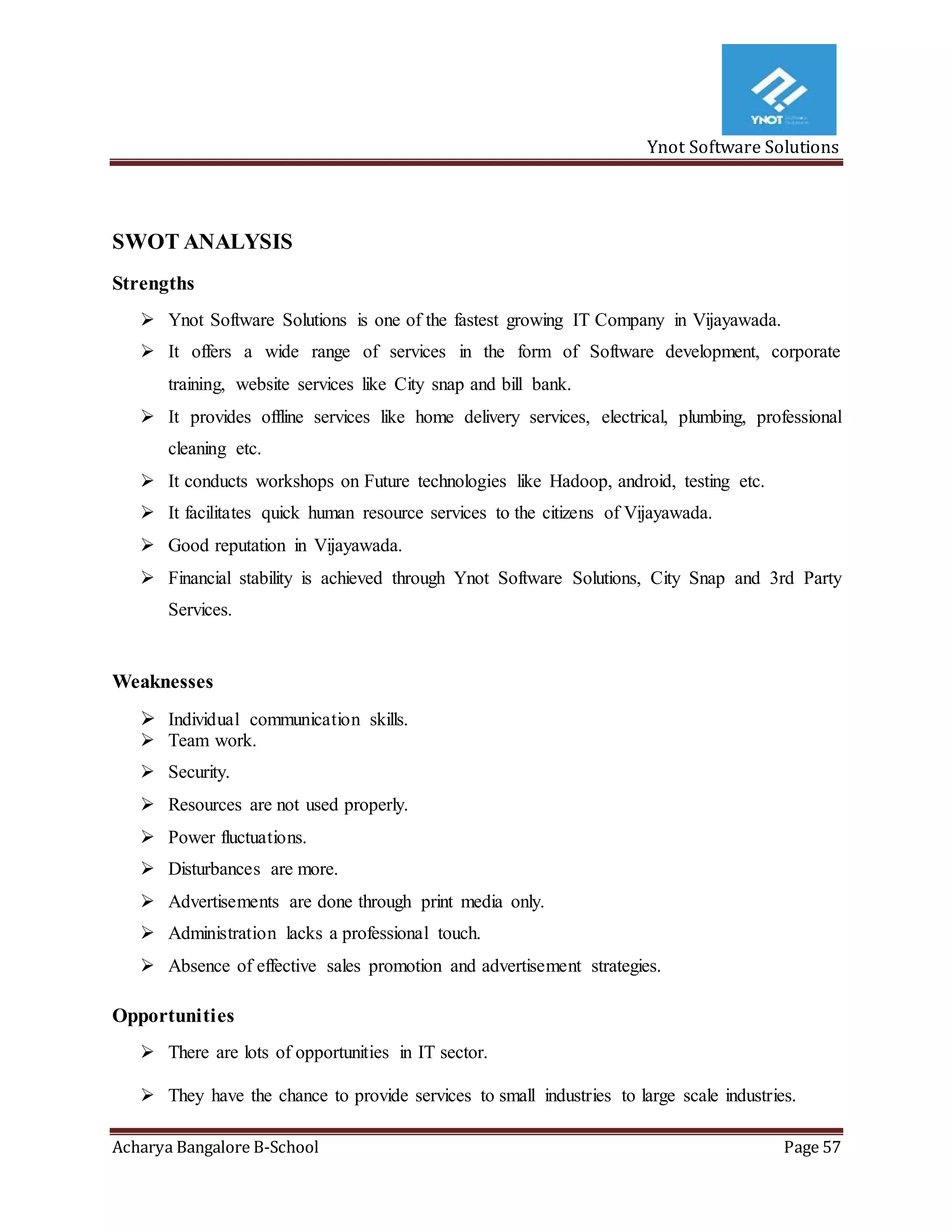 Ynot Software Solutions
Acharya Bangalore B-School Page 57
SWOT ANALYSIS
Strengths
 Ynot Software Solutions is one of the fastest growing IT Company in Vijayawada.
 It offers a wide range of services in the form of Software development, corporate
training, website services like City snap and bill bank.
 It provides offline services like home delivery services, electrical, plumbing, professional
cleaning etc.
 It conducts workshops on Future technologies like Hadoop, android, testing etc.
 It facilitates quick human resource services to the citizens of Vijayawada.
 Good reputation in Vijayawada.
 Financial stability is achieved through Ynot Software Solutions, City Snap and 3rd Party
Services.
Weaknesses
 Individual communication skills.
 Team work.
 Security.
 Resources are not used properly.
 Power fluctuations.
 Disturbances are more.
 Advertisements are done through print media only.
 Administration lacks a professional touch.
 Absence of effective sales promotion and advertisement strategies.
Opportunities
 There are lots of opportunities in IT sector.
 They have the chance to provide services to small industries to large scale industries.
 